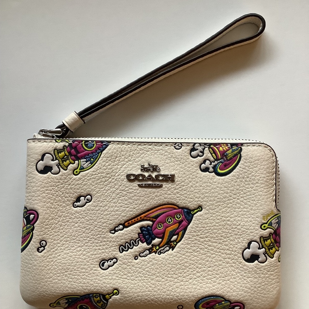 Coach Corner Zip Wristlet Wallet Butterfly Print Canvas Leather Chalk CAQ55 NWT